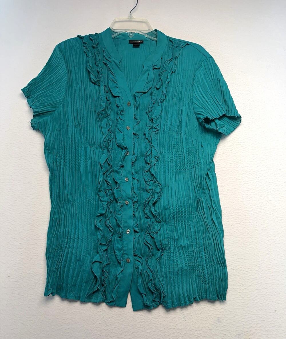 East 5th WomenTeal Pleated Ruffle Button Up artsy Flutter Sleeve 1X Y2K layers